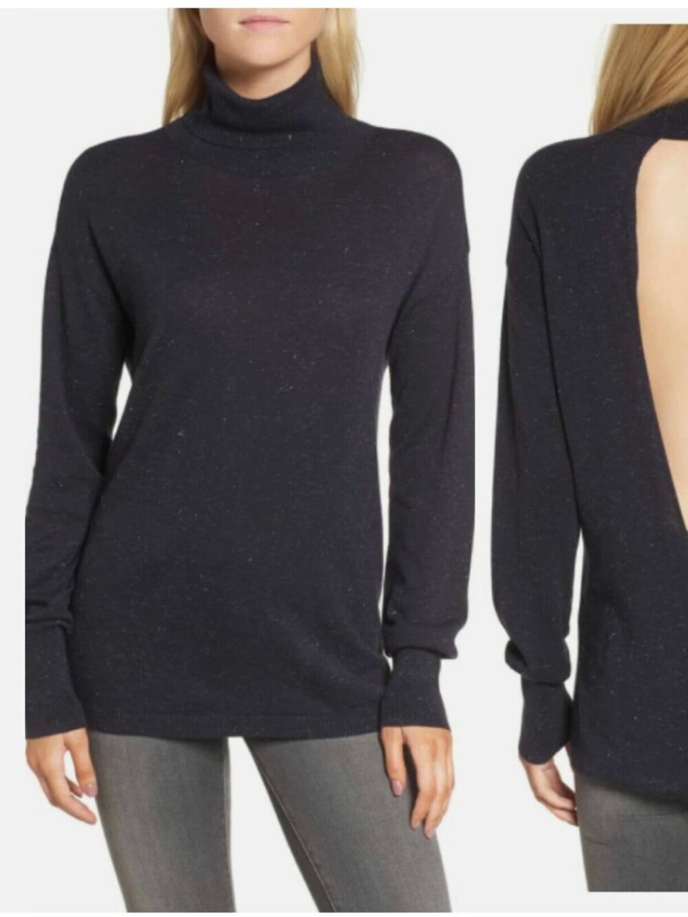 Chelsea28 Women Navy Blue Metallic Turtleneck Open Back Sweater Small